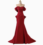 Elegant Mermaid Off The Shoulder Red Satin Prom Dresses Formal Summer Wedding Guest Dresses Wedding Guest Outfits HZ1214