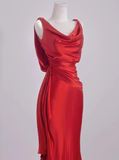 Elegant Mermaid V Neck Red Satin Prom Dresses Formal Summer Wedding Guest Dresses Wedding Guest Outfits HZ1214