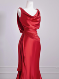 Elegant Mermaid V Neck Red Satin Prom Dresses Formal Summer Wedding Guest Dresses Wedding Guest Outfits HZ1214