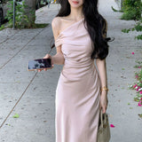 Sexy Sheath One Shoulder Pink Satin Prom Dresses Formal Summer Wedding Guest Dresses Wedding Guest Outfits HZ1214