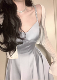 Classy A line Straps Dusty Blue Satin Prom Dresses Formal Summer Wedding Guest Dresses Wedding Guest Outfit HZ1214