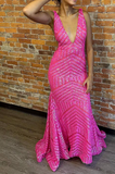 Deep V Neck Pink Sequins Mermaid Long Prom Dress HZ1108