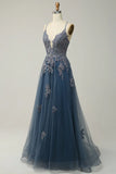 Sage A-line Spaghetti Strap Tulle Long Prom Dress Applique V-neck Party Dress HZ1108