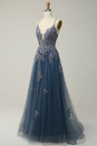 Sage A-line Spaghetti Strap Tulle Long Prom Dress Applique V-neck Party Dress HZ1108