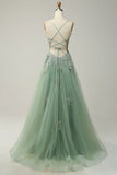 Sage A-line Spaghetti Strap Tulle Long Prom Dress Applique V-neck Party Dress HZ1108