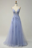 Sage A-line Spaghetti Strap Tulle Long Prom Dress Applique V-neck Party Dress HZ1108