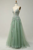Sage A-line Spaghetti Strap Tulle Long Prom Dress Applique V-neck Party Dress HZ1108