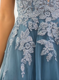 Sage A-line Spaghetti Strap Tulle Long Prom Dress Applique V-neck Party Dress HZ1108