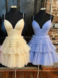 A-Line Deep V Neck Tiered Short Prom Dress HZ1108
