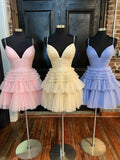 A-Line Deep V Neck Tiered Short Prom Dress HZ1108