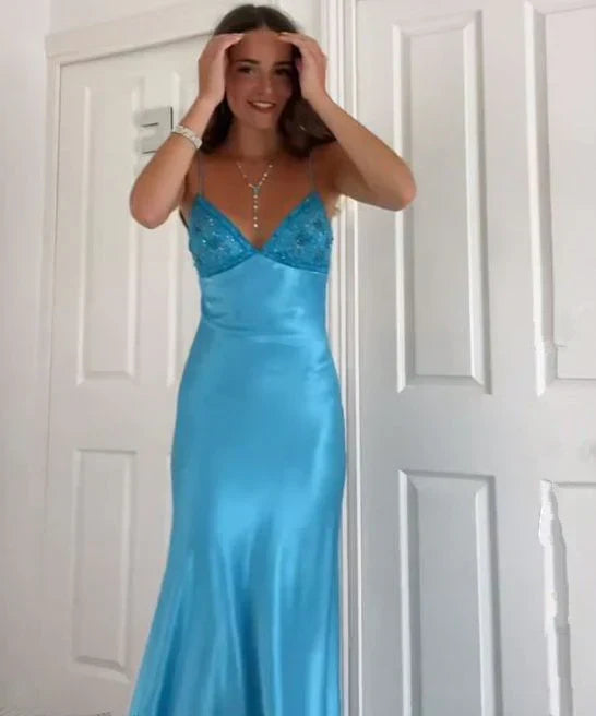 Elegant Blue?? Spaghetti Strap Mermaid Gown for Prom&Party Sleeveless Satin Vintage Formal Evening Dress HZ1108