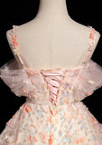 Pink A-line Spaghetti Straps Lace Tulle Flowers Sweetheart Long Prom Dress, Pink Off Shoulder Sweet 16 Dress HZ1108