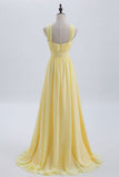 Cross Front Pale Yellow Pleated Chiffon Long Bridesmaid Dress Long Prom Dress HZ1108