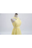 Cross Front Pale Yellow Pleated Chiffon Long Bridesmaid Dress Long Prom Dress HZ1108