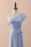 Periwinkle A-Line One-Shoulder Ruffled Chiffon Long Bridesmaid Dress Prom Dress HZ1108