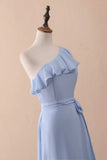 Periwinkle A-Line One-Shoulder Ruffled Chiffon Long Bridesmaid Dress Prom Dress HZ1108