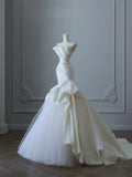 Ivory Strapless Mermaid Wedding Dresses, Tulle Satin Tender Sleeveless Bridal Gowns HZ1108