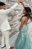 Tiffany Blue Spaghetti Straps Lace Appliques Mermaid V-Neck Tulle Long Prom Dress HZ1108