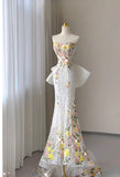 White Wedding Dress Elegant Mermaid Strapless Tulle Lace Long Prom Dress Applique Evening Dress HZ1108