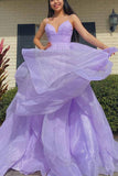 Purple Elegant A-line V-neck Spaghetti Strap Tulle Long Prom Dress HZ1108