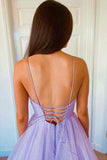 Purple Elegant A-line V-neck Spaghetti Strap Tulle Long Prom Dress HZ1108