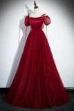 Burgundy A-Line Satin Tulle Floor Length Prom Dress, Off Shoulder Formal Evening Dress HZ1108