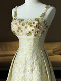 Sweet Spaghetti Strap A-Line Colorful Satin Beaded Sequins Long Prom Dress HZ1108