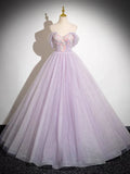 Sparkly A-Line Tulle Prom Dress Off the Shoulder Floral Appliques Long Prom Dress HZ1108