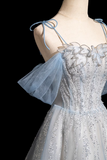A-line Spaghetti Straps Tulle Sequins Long Prom Dress, Sweet Beaded Evening Dress HZ1108