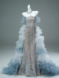 Mermaid Off-the-shoulder Tulle Sequin Long Ball Gown, Elegant Rhinestone Evening Gown HZ1108