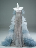 Mermaid Off-the-shoulder Tulle Sequin Long Ball Gown, Elegant Rhinestone Evening Gown HZ1108