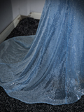 Blue Mermaid Sequin Sheer Straps Scalloped Long Prom Dress HZ1108