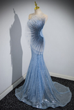 Blue Mermaid Sequin Sheer Straps Scalloped Long Prom Dress HZ1108