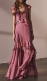 Pink V-Neck Chiffon Pleated Sleeveless Back Zippered Long Prom Dress Beautiful Party Dress HZ1108