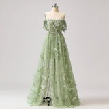 Sage Green A-Line Tulle Spaghetti Straps 3D Butterfly Long Prom Dress Sweet Adult Graduation Prom Dress HZ1108