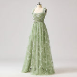 Sage Green A-Line Tulle Spaghetti Straps 3D Butterfly Long Prom Dress Sweet Adult Graduation Prom Dress HZ1108
