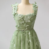 Sage Green A-Line Tulle Spaghetti Straps 3D Butterfly Long Prom Dress Sweet Adult Graduation Prom Dress HZ1108