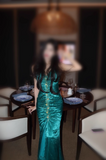 Turqoise Mermaid Halter Satin Beaded Long Prom Dress Retro V-neck Rhinestone Evening Gown HZ1108
