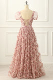 Pink A-line Tulle Pleated Floral Long Prom Dress Adult Ceremony Graduation Prom Dress HZ1108