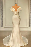 Classic White Mermaid V-neck Satin Pearl Ruffle Long Prom Dress Elegant Evening Dress HZ1108