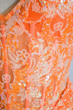 Orange Mermaid Spaghetti Straps Sequins Applique Long Prom Dress Tulle Evening Dress HZ1108