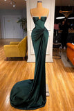 Dark Green Mermaid Spaghetti-Straps Satin Long Prom Dress With Beadings HZ1108