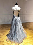 Gray A-line Halter Tulle Appliques Long Prom Dress Backless Formal Evening HZ1108