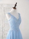 Sky Blue A-line V Neck Applique Chiffon Long Prom Dress Lace Spaghetti Strap Bridesmaid Dress HZ1108