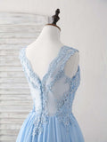 Sky Blue A-line V Neck Applique Chiffon Long Prom Dress Lace Spaghetti Strap Bridesmaid Dress HZ1108