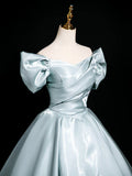 A-Line V Neck Satin Blue Long Prom Dress, Blue Long Formal Dress HZ1108