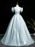 A-Line V Neck Satin Blue Long Prom Dress, Blue Long Formal Dress HZ1108
