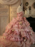 Sweet Pink Strapless Satin Tulle Sequin Beaded Diamond Long Ball Gown HZ1108