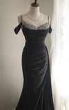 Elegant Black Mermaid Spaghetti Strap Satin Diamond Long Prom Dress Simple Evening Dress HZ1108