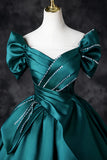 Teal A-Line Off the Shoulder Satin Long Prom Dress, Elegant Evening Dress HZ1108